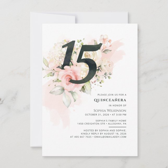 Invitation Floral 15e anniversaire de verdure Quinceanera ros (Devant)