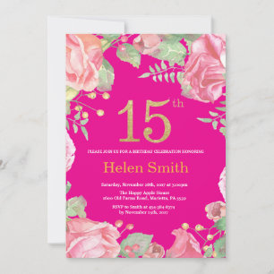 Invitation Floral 15e anniversaire Parties scintillant or et