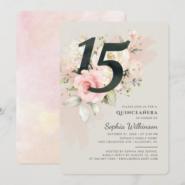 Invitation Floral 15e anniversaire Quinceanera Script Aquarel (Devant / Derrière)