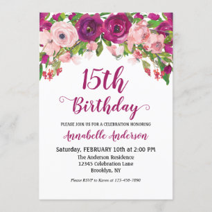 Invitation Floral 15e anniversaire violet rose chic aquarelle