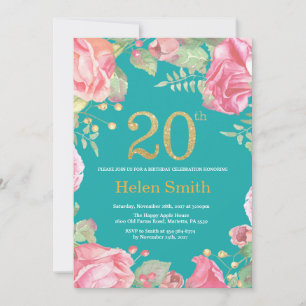 Invitation Floral 20e anniversaire Parties scintillant or et 
