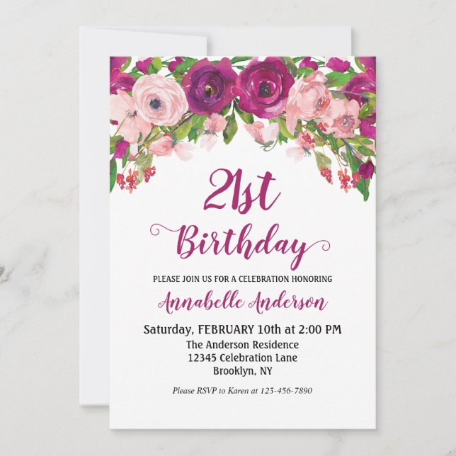 Invitation Floral 21e anniversaire violet rose rose moderne a (Devant)