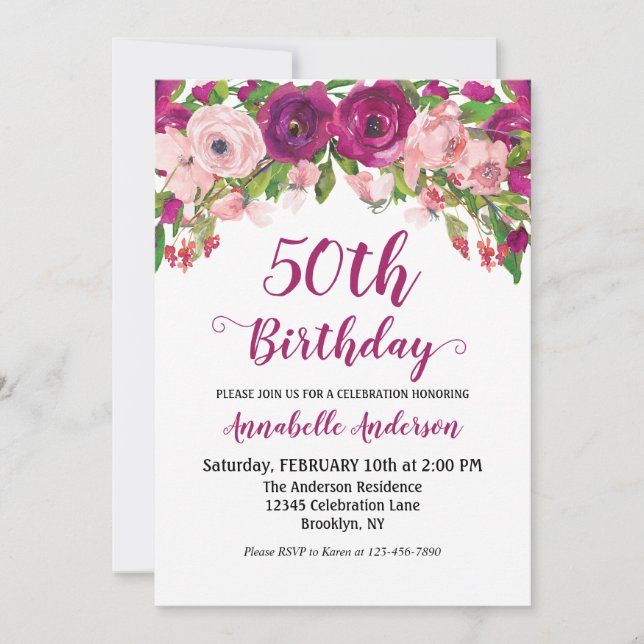 Invitation Floral 50e anniversaire Purple rose Aquarelle mode (Devant)