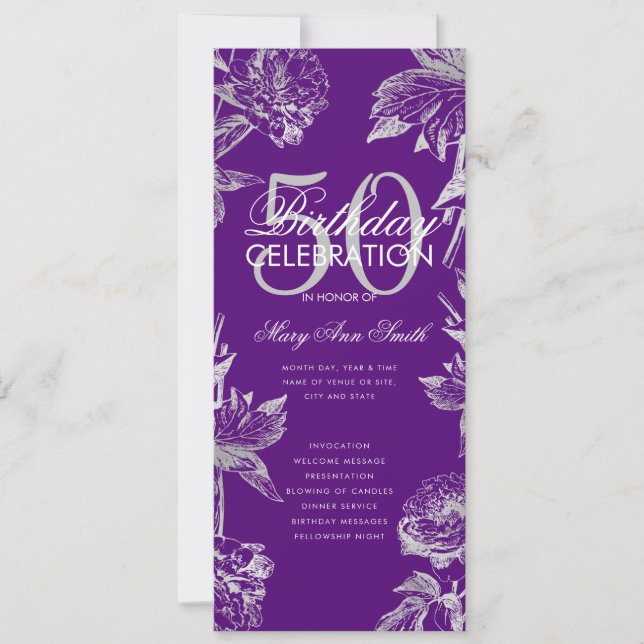 Invitation Floral 50th Birthday Program Silver Purple Menu (Devant)