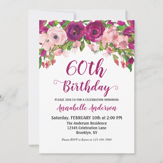 Invitation Floral 60e anniversaire Purple rose aquarelle mode (Devant)