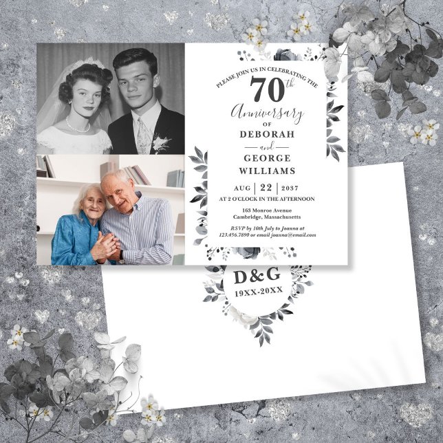 Invitation Floral 70e anniversaire du Mariage Alors et mainte (Floral 70th Wedding Anniversary Then & Now 2 Photo Invitation)