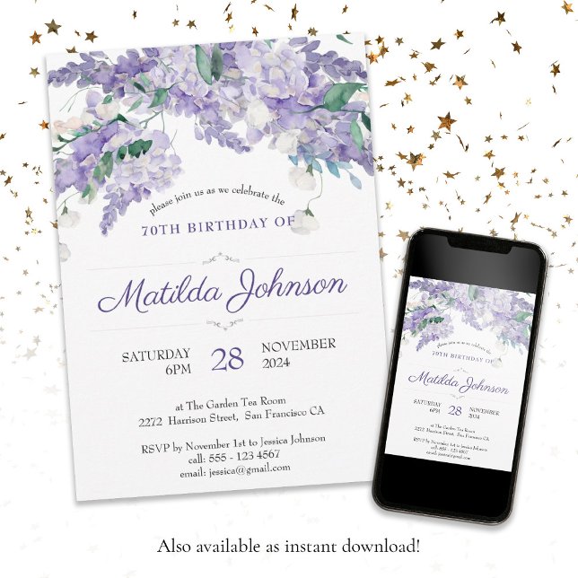 Invitation Floral 70e Anniversaire Purple Aquarelle Élégante (Floral 70th Birthday Purple Watercolor Elegant Invitation)