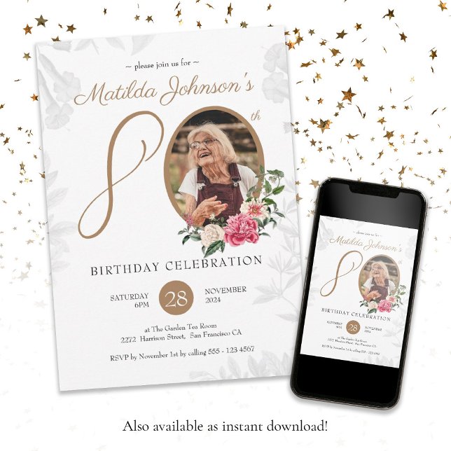 Invitation Floral 80e anniversaire Black Gold Botanical Photo (Floral 80th Birthday Black Gold Botanical Photo Invitation)