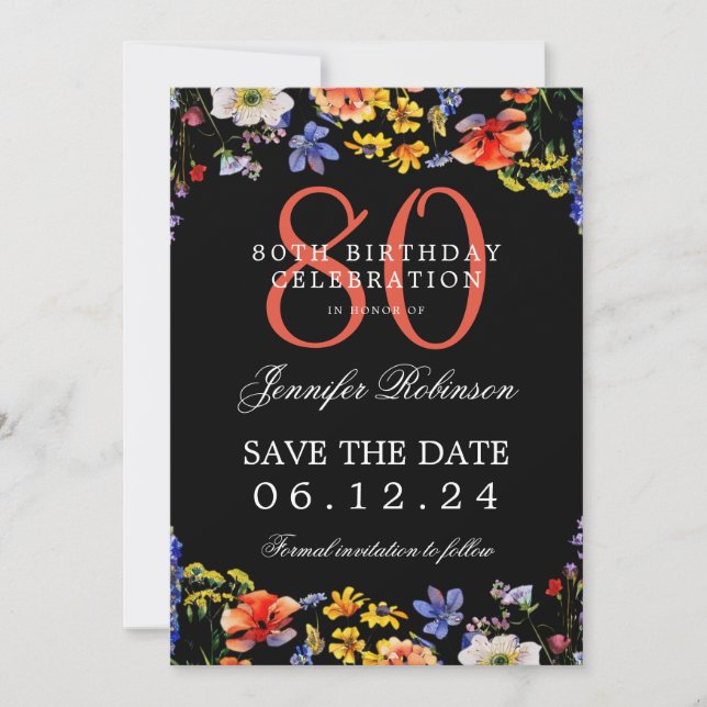 Invitation Floral 80e anniversaire Enregistrer la date Noir (Devant)