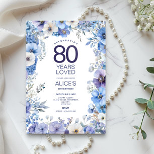 Invitation Floral 80e anniversaire Invitation, fleurs bleues 
