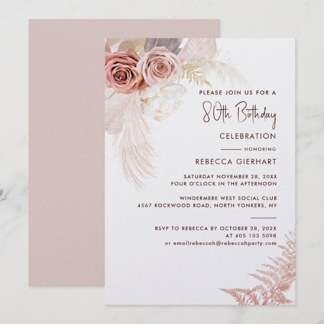 Invitation Floral 80e anniversaire Pampas fête de l'herbe (Devant / Derrière)