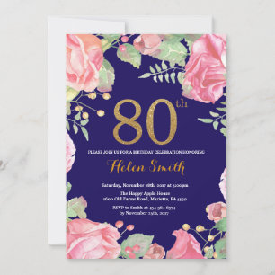 Invitation Floral 80e anniversaire Parties scintillant d'or b