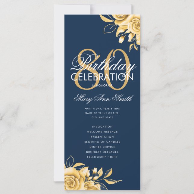 Invitation Floral 80th Birthday Program Gold & Navy avec menu (Devant)