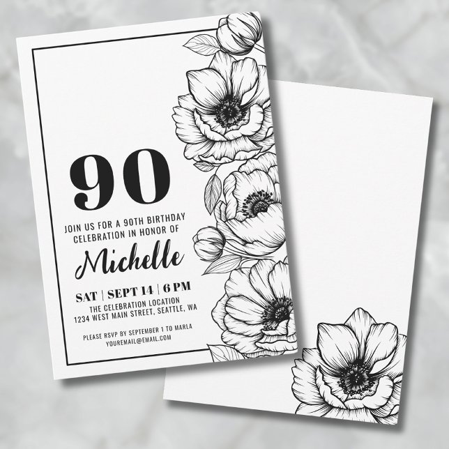 Invitation Floral 90e anniversaire (Elegant Floral 90th Birthday Invitation)