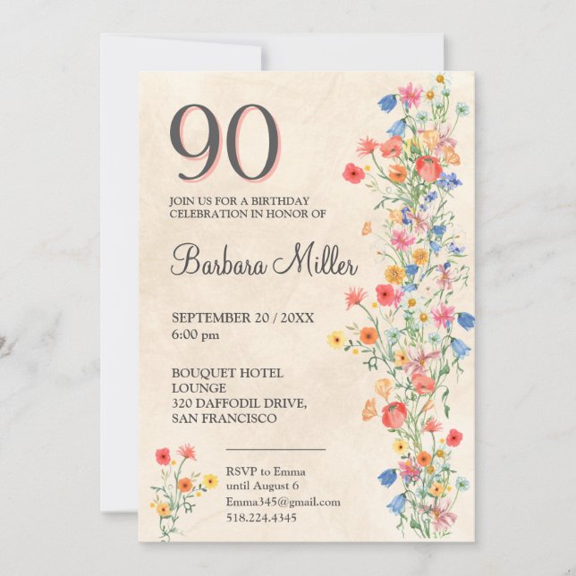 Invitation Floral 90e anniversaire - Fête Fleur sauvage de 90 (Devant)