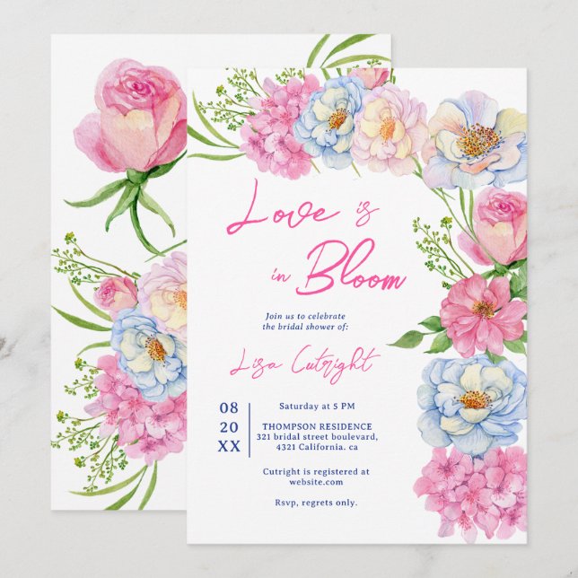 Invitation Floral Amour en fleur rose douche nuptiale d'été (Devant / Derrière)