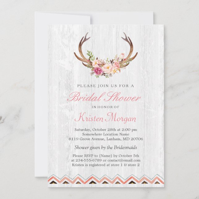 Invitation Floral Antler Boho Rustique Fête des mariées en bo (Devant)