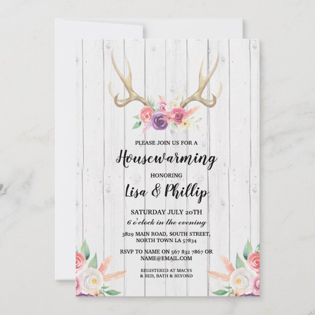 Invitation Floral Antler du parti rustique Housecl (Devant)