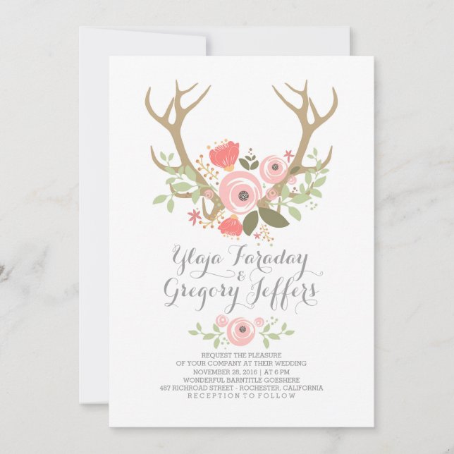 Invitation Floral Antlers Boho Wedding Invite (Devant)