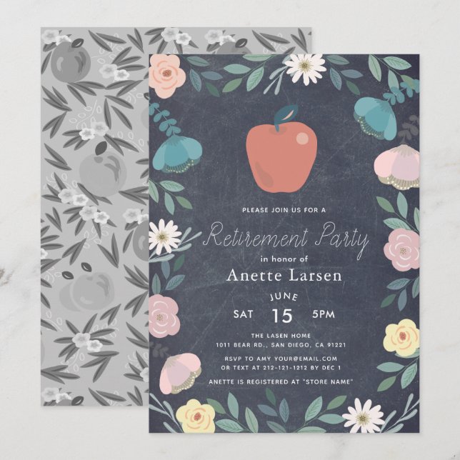 Invitation Floral Apple Chalkboard Professeur Retraite (Devant / Derrière)