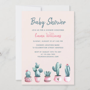 Invitation Floral Aquarelle Cactus Baby shower fille rose