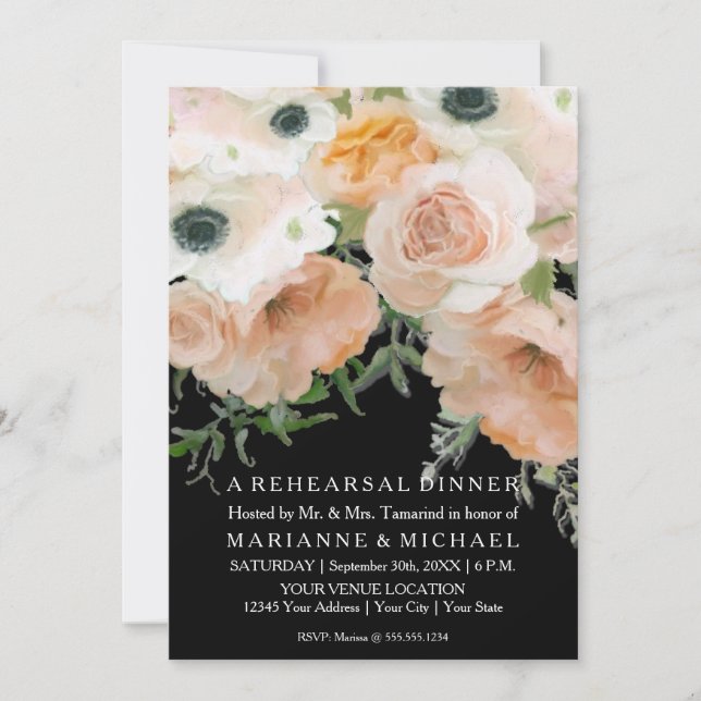 Invitation Floral Aquarelle moderne Moody Black Blush Peach (Devant)