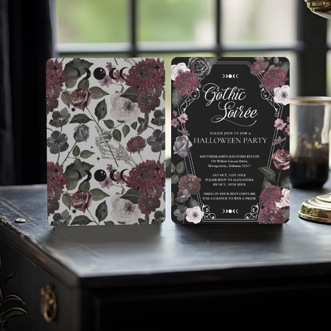 Invitation Floral Aquarelle Soirée gothique Halloween (Floral Watercolor Gothic Soirée Halloween Party Invitation)