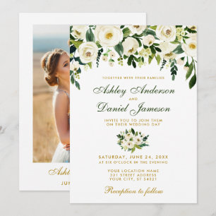 Invitation Floral Aquarelle Vert or Mariage photo