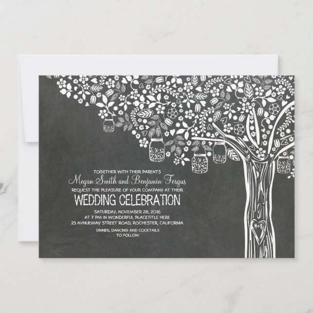 Invitation Floral Arbre Mason Jar Lights Chalkboard Mariage (Devant)