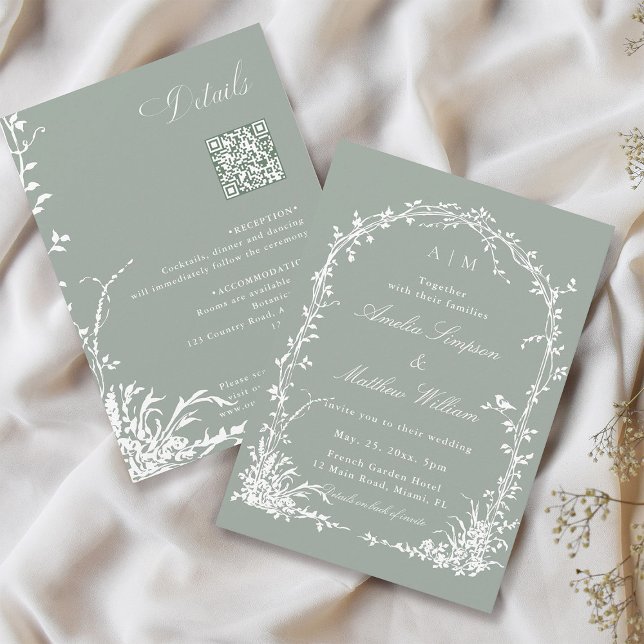 Invitation Floral Arch Garden Sage Green All in One Wedding   (Front & Back)