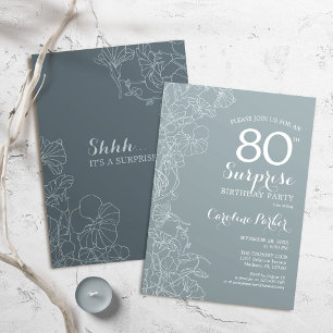 Invitation Floral Ardoise Bleu Surprise 80e anniversaire