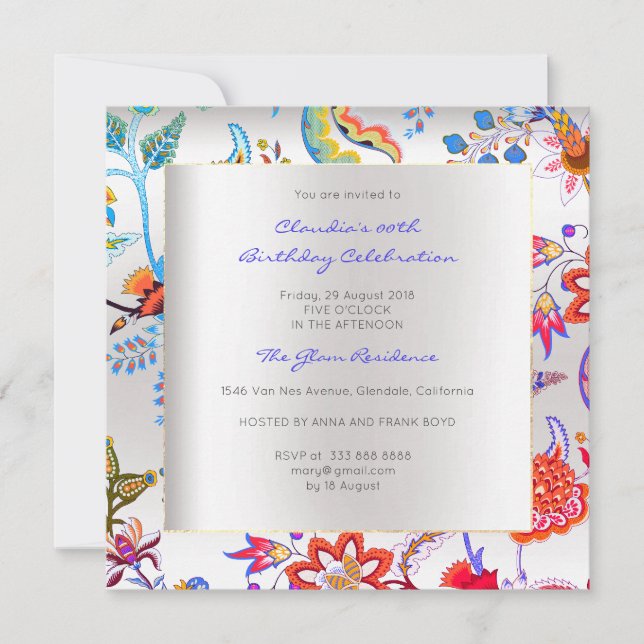 Invitation Floral Argent Oriental Printemps Chinoiserie Été (Devant)