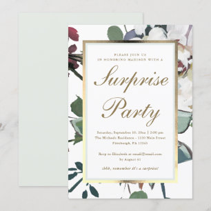 Invitation Floral avec Faux Gold Frame Surprise Party