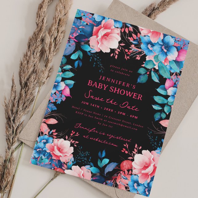 Invitation Floral Babal Douche Bleu Rose Enregistrer Date Noi (Floral Baby Shower Blue Pink Save Date Black Invitation)