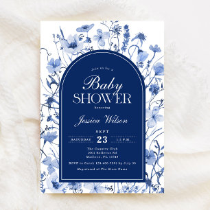 Invitation Floral Baby Boy Douche Chinoiserie Marine Bleu