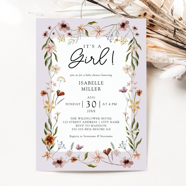 Invitation Floral Baby Girl Douche pourpre (Floral Baby Girl Shower Purple Invitation)