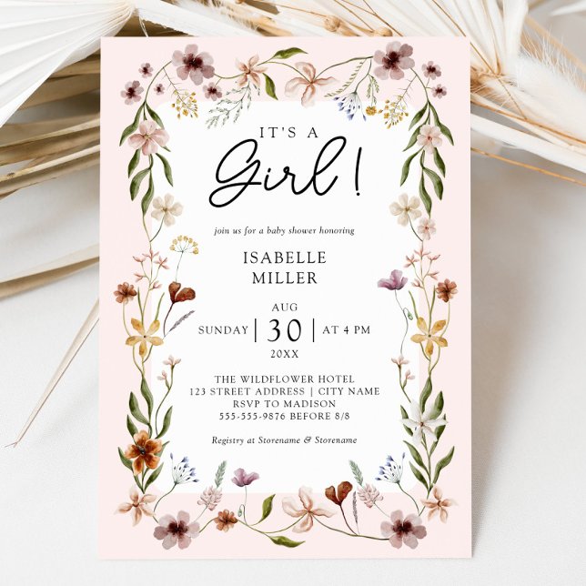 Invitation Floral Baby Girl Douche rose (Floral Baby Girl Shower Pink Invitation)