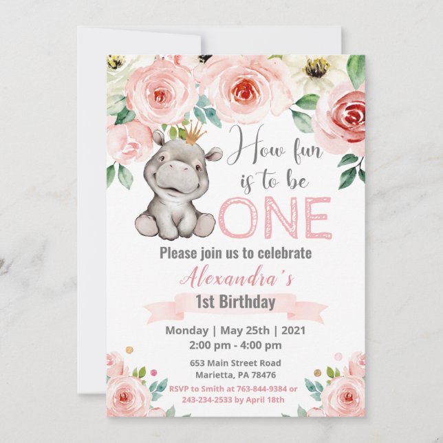 Invitation Floral Baby Hippo Princess Anniversaire (Devant)