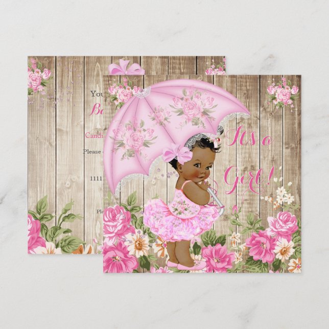 Invitation Floral Baby shower rose Rustique Bois Girl Ethniqu (Devant / Derrière)