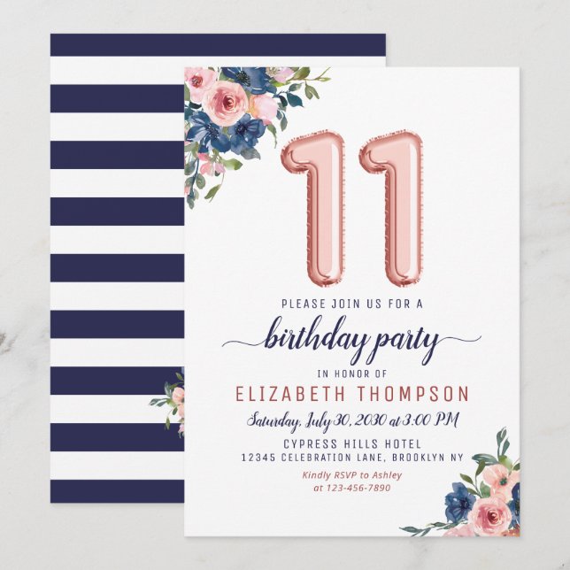 Invitation Floral Balloon Rose Gold Blush Navy 11e anniversai (Devant / Derrière)