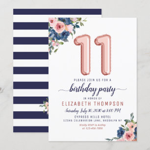 Invitation Floral Balloon Rose Gold Blush Navy 11e anniversai