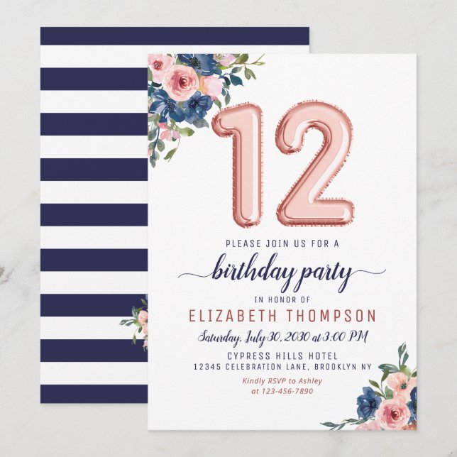 Invitation Floral Balloon Rose Gold Blush Navy 12e anniversai (Devant / Derrière)