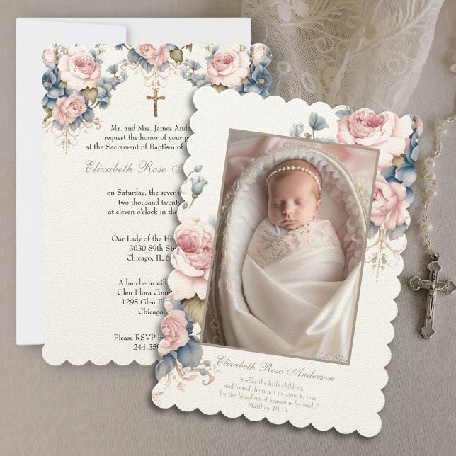 Invitation Floral Baptême Baby Photo Scripture Croix (Easy to customize, make this invitation uniquely yours!)
