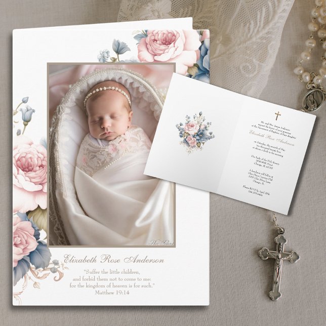 Invitation Floral Baptême Baby Photo Scripture Croix (Beautiful invitations for a beautiful sacrament! 
)