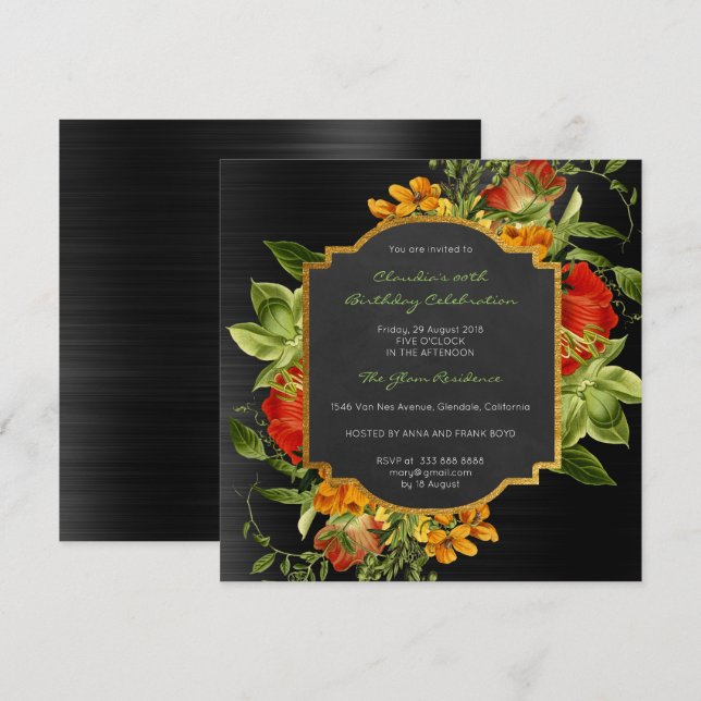 Invitation Floral Baroque Anniversaire Or Frame Noir Rouge (Devant / Derrière)