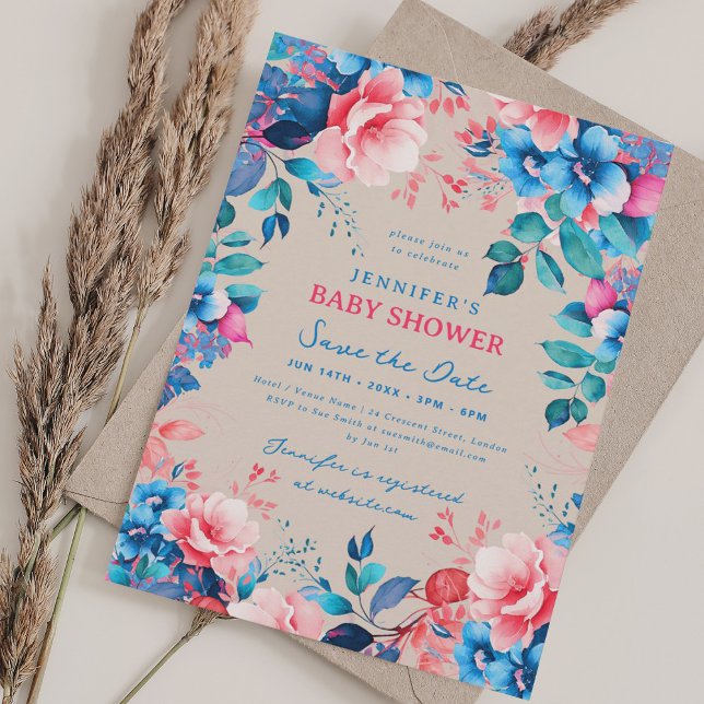 Invitation Floral Bébé Douche Bleu Rose Enregistrer Date Cham (Floral Baby Shower Blue Pink Save Date Champagne Invitation)