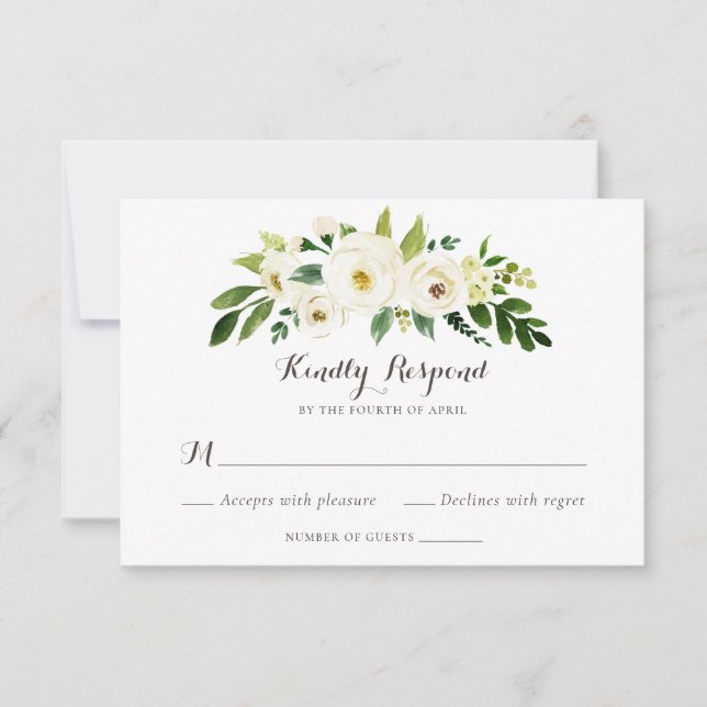 Invitation Floral Beige Blanc Vert Élégant Crest RSVP (Devant)