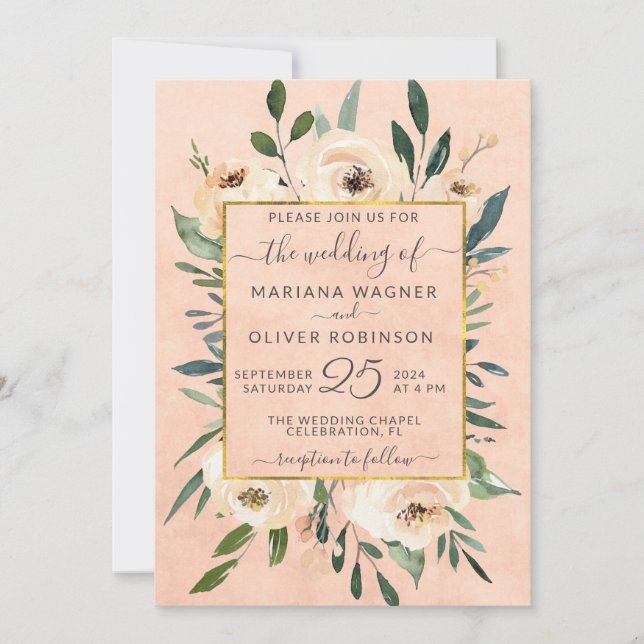 Invitation Floral Beige Blush Gold sur Mariage rose (Devant)