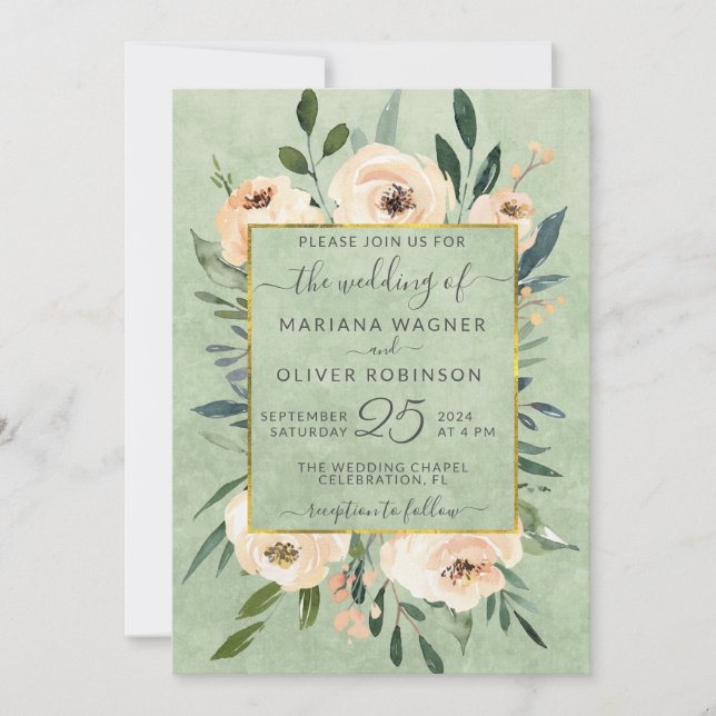 Invitation Floral Beige Blush Rose Gold Sage Green Mariage (Devant)