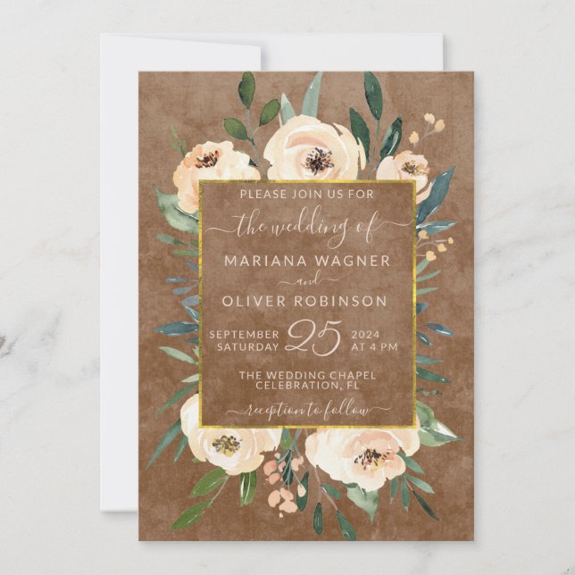 Invitation Floral Beige Blush Rose or Brown Mariage (Devant)
